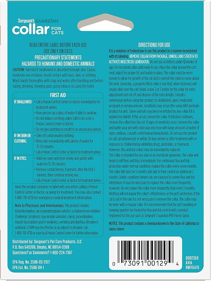 1 Sergeant's Guardian Flea & Tick Cat Collar, 1 Count