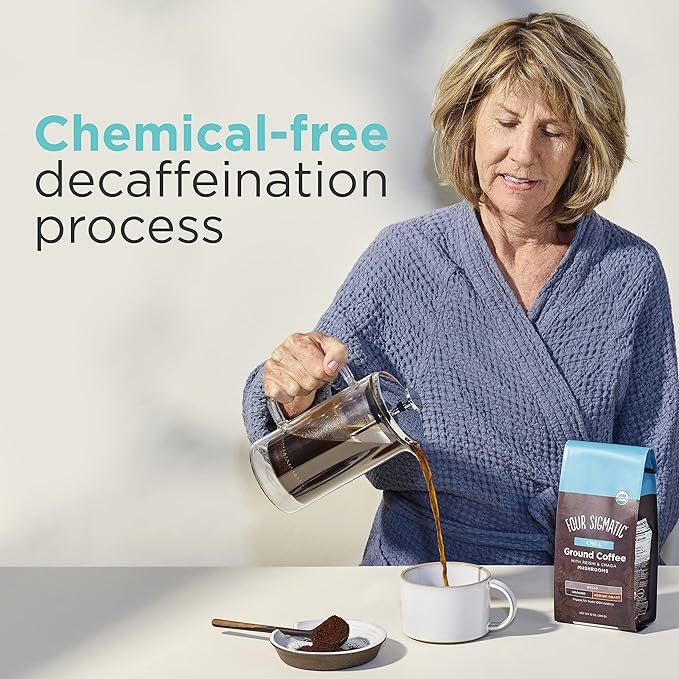 4 12oz Bag of Swiss Water Decaf Coffee Ground with Organic Chaga & Reishi Mushroom Extracts for Immune Support and Stress Relief by Four Sigmatic