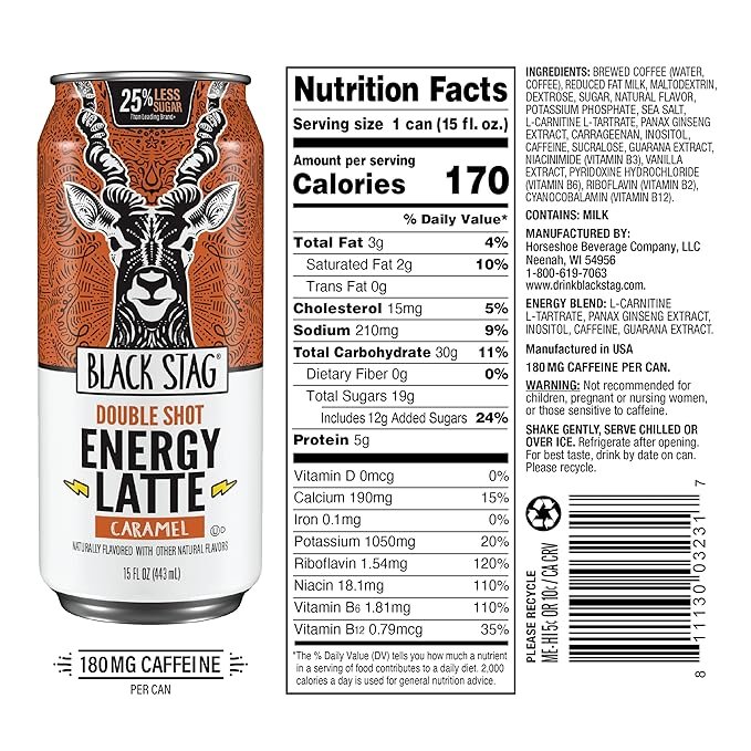 1 Double Shot Energy Latte, Caramel Flavored, 12-Pack, Ready-to-Drink - Black Stag