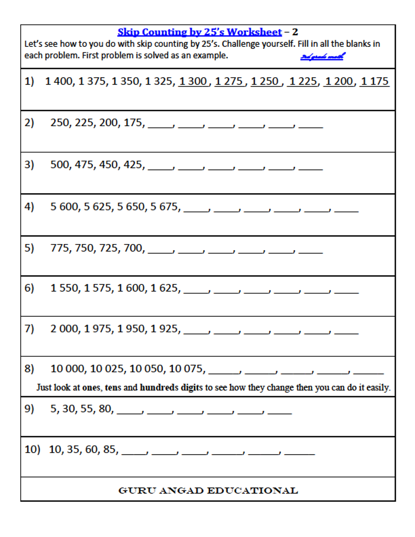 3rd grade math skip counting by 10s and 25s worksheets peakd