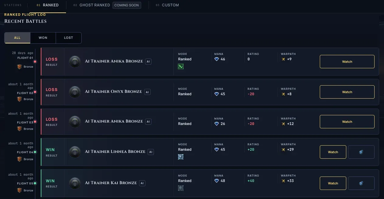 The Flight Recorder match-history panel with a segmented All / Won / Lost selector on one continuous background