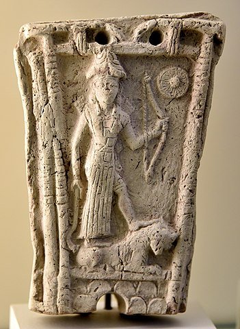 https://upload.wikimedia.org/wikipedia/commons/thumb/b/b9/Terracotta_plaque_showing_the_Goddess_Ishtar_standing_on_a_lion._From_Iraq._18th-17th_century_BCE._Pergamon_Museum.jpg/351px-Terracotta_plaque_showing_the_Goddess_Ishtar_standing_on_a_lion._From_Iraq._18th-17th_century_BCE._Pergamon_Museum.jpg