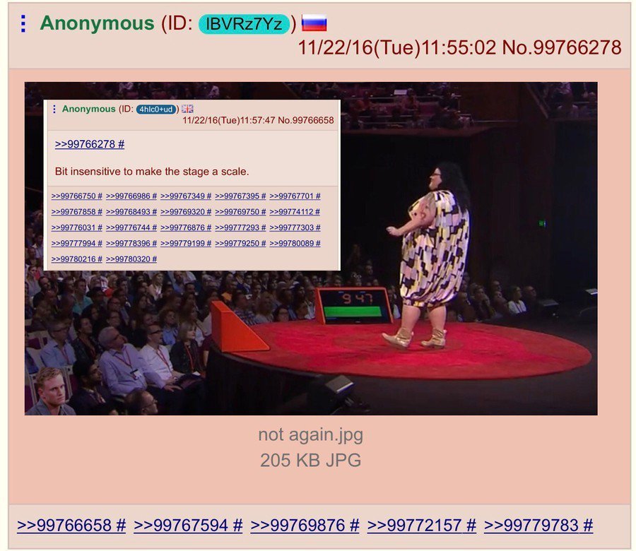 (Fat woman presenting on a circular platform, timer showing the numbers 947.) Bit insensitive to make the stage a scale.