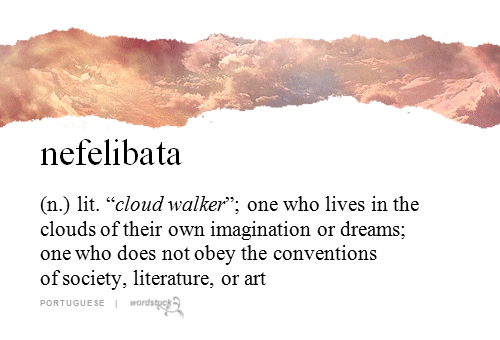 Nefelibata [ne-fe-le-ba-ta Portuguese (n.) Cloud Walker, One who lives in  the clouds of their own imagination or dreams, or one who does not obey  conventions of society, literature, or art. - iFunny