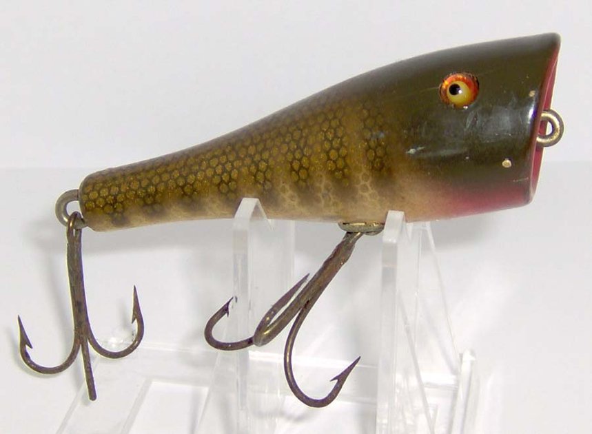 VINTAGE CREEK CHUB BAIT CO. PLUNKER WOOD LURE in PIKE SCALE - GLASS EYES   neat old lure