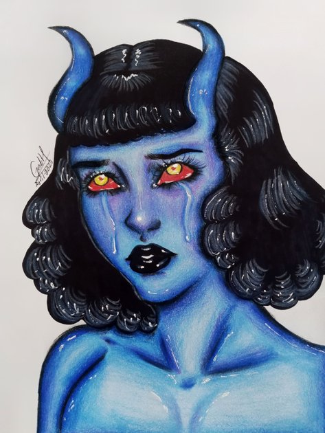 Dibujando una diablita azul triste | Drawing a sad little blue devil ...