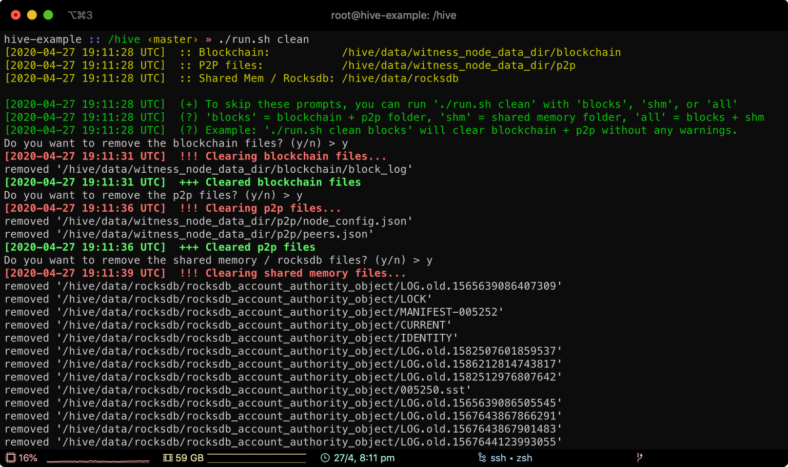 Screenshot of run.sh clean command