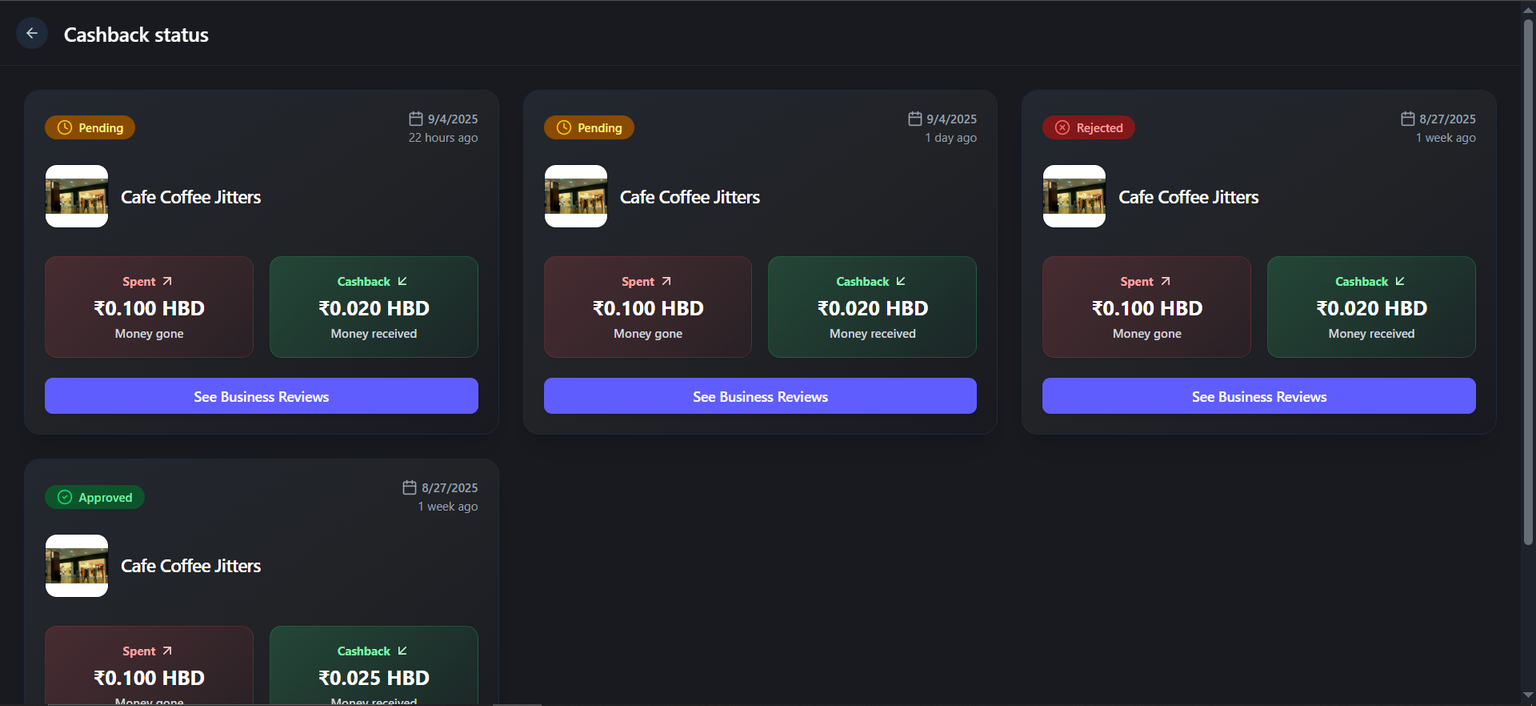 Desktop View of cashback status