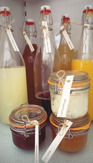 syrup and jam in bottles