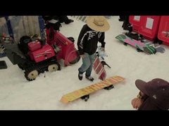 Roli "Vollgas" Tschoder turns up to snowboard in jeans a sombrero and Volcom skate shoes.