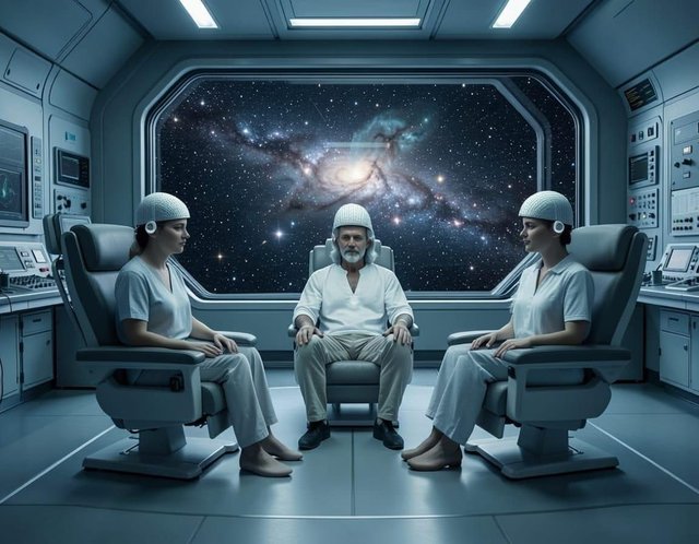 Neo, Sable & Faye receiving brain-wave sensor test in the ships lab. Click image for source