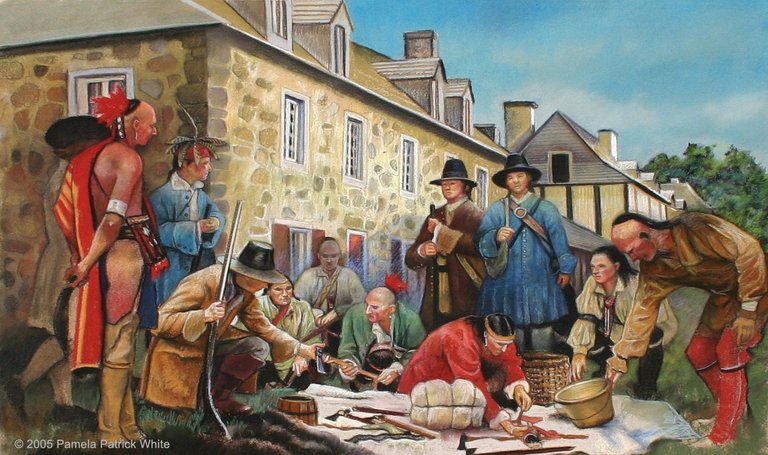 Pocumtuck people trading with the Dutch in Albany, New York. Illustration by Pamela White