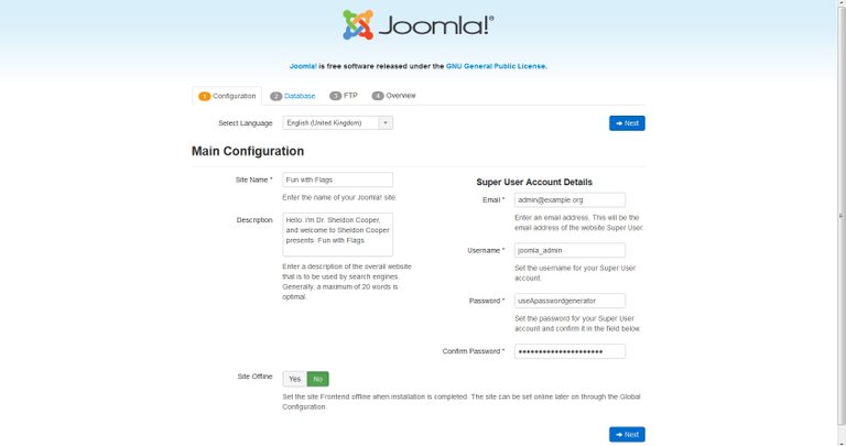 Joomla! setup page 1