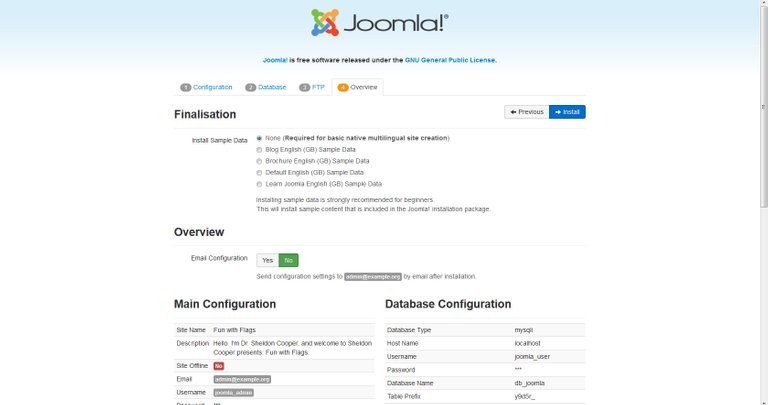 Joomla! setup page 4