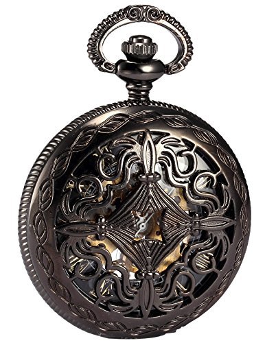 AMPM24 Steampunk Black Copper Case Skeleton Mechanical Pendant Pocket Watch Fob WPK167