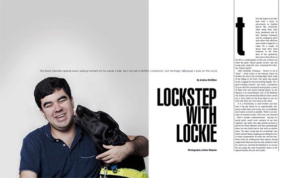 Lockstep With Lockie: Santiago Velasquez and his guide dog' story by Andrew McMillen in The Weekend Australian Magazine, November 2017. Photo by Justine Walpole