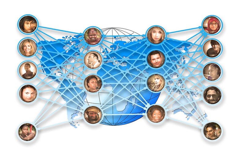 World map behind a chart of people of various ethnicities being connected