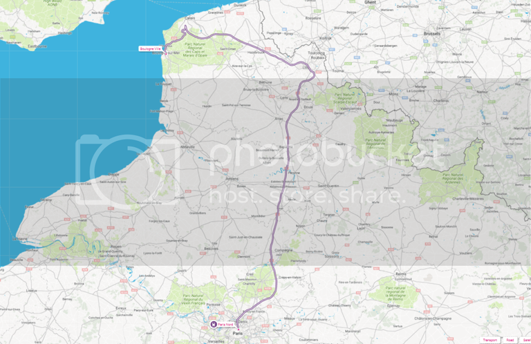 Map of train trip Paris-Boulogne
