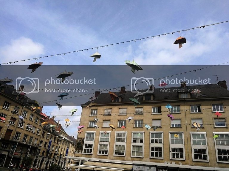 Detail of town square origami birds