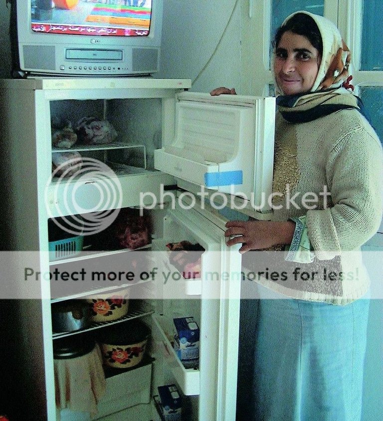 Woman showing fridge