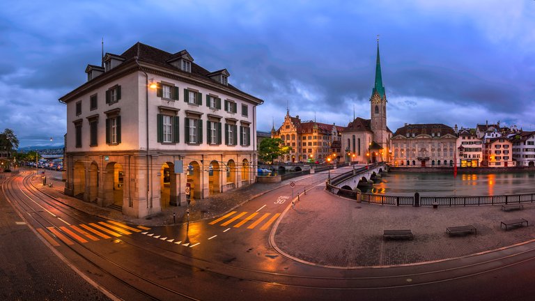 Panorama of Helmhaus and Fraumunster Church in the Morning, Zurich, Switzerland