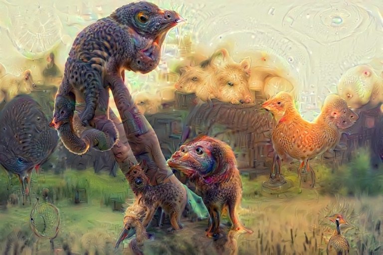 deep dreamed image of a woman holding a teddy bear in a field