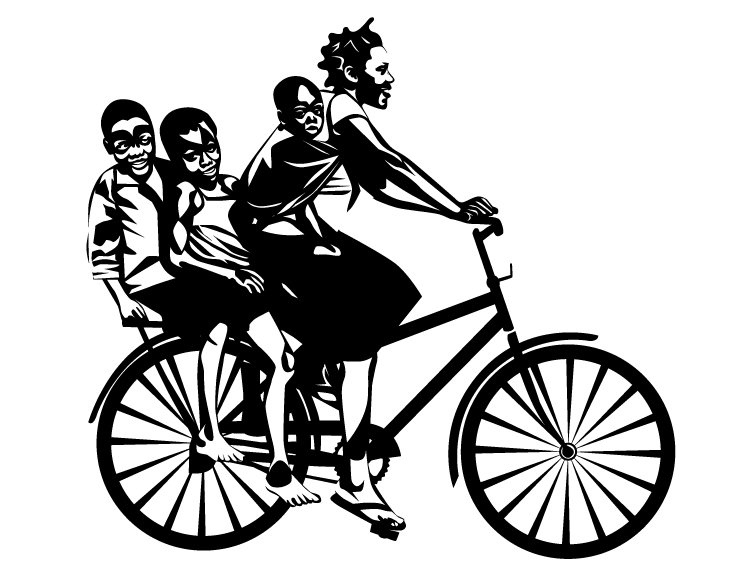 Woman, baby, girl, boy ride a bike