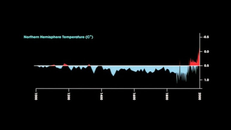 A graph showing the Northen Hemisphere temperature. The highest peak by a long way is the present day.