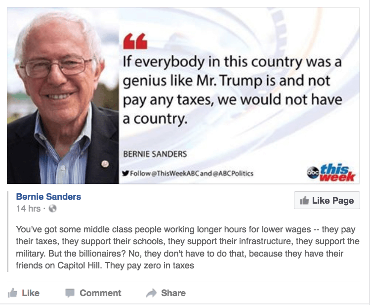 bernie sanders quote Trump not paying taxes