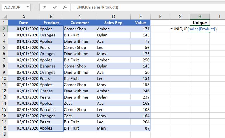 unique function in excel 