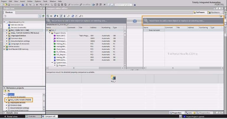 TIA portal how to insert project in the compare window