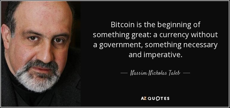 Bitcoin is the beginning of something great: a currency without a government, something necessary and imperative. - Nassim Nicholas Taleb