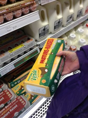 Our eggs (middle shelf) along with a couple other brands of pastured eggs.