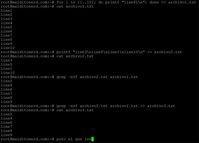Utilizar grep en Bash para restar el contenido de un archivo de otro linea a linea en la consola de comando de Linux