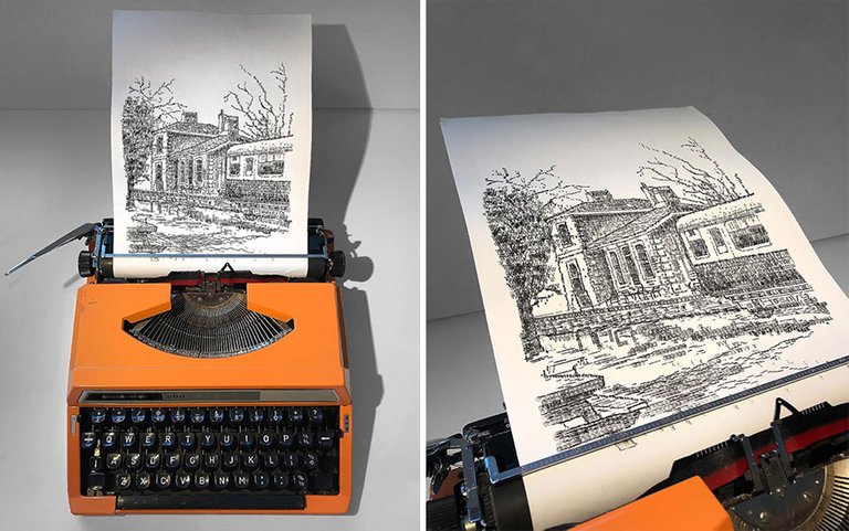 Artista desenha com máquina de escrever