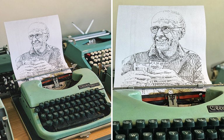 Artista desenha com máquina de escrever