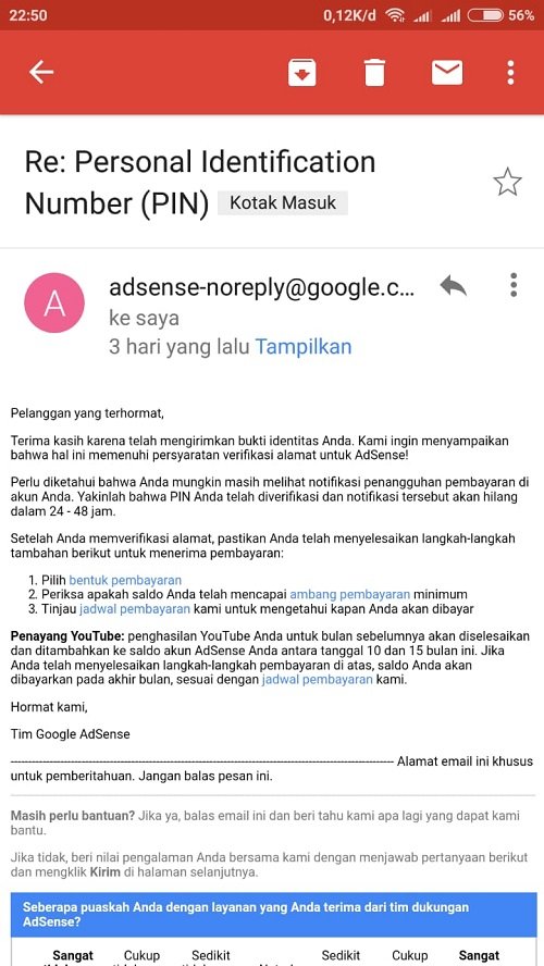 Verifikasi PIN Google AdSense berhasil