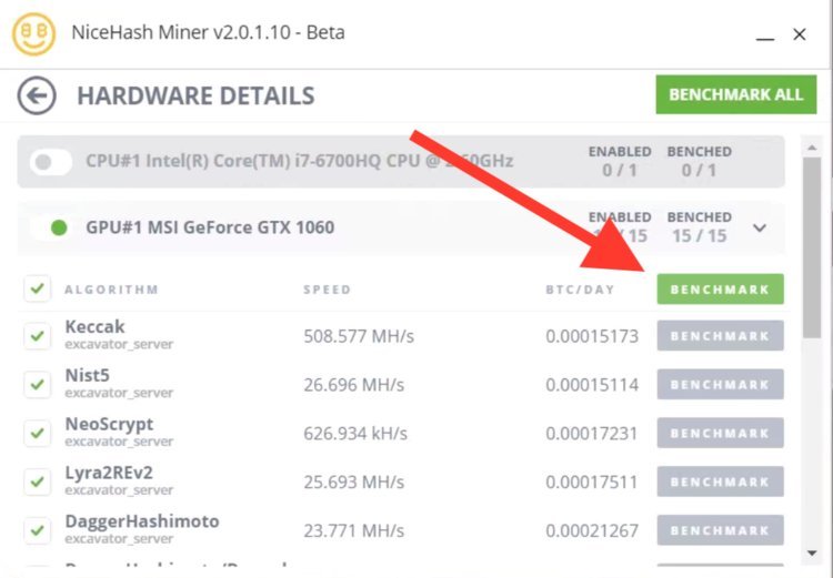 Before you can start mining, Nicehash has to check how quickly your gear can mine.