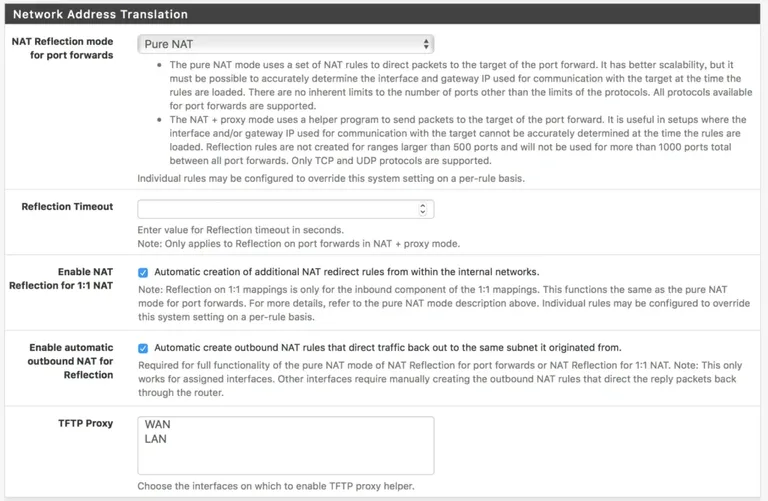 pfSense NAT 高级设置页面，设置为 pure NAT 之后，可在 LAN 访问 WAN 口地址