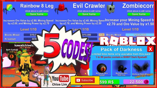 Roblox Gameplay Mining Simulator 5 New Codes New Twitch Codes Darkness Pack Loud Warning Hive - roblox pet mining simulator codes