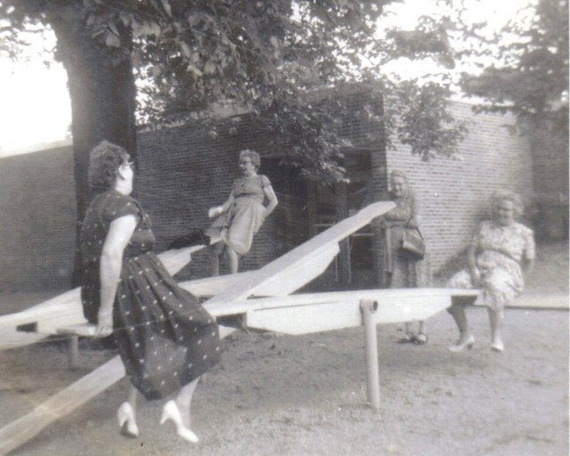 Grandma see-sawing with the church ladies