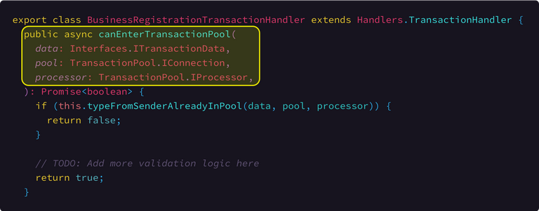 Implementation sample of the `canEnterTransactionPool` method. [Link To Source Code](https://github.com/KovacZan/custom-transaction/blob/master/src/handlers/BusinessRegistrationTransactionHandler.ts#L55-L90)