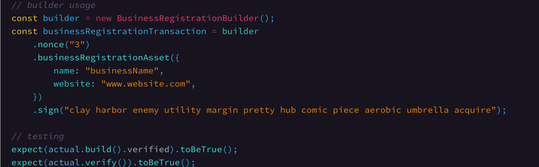 Code usage of the BusinessRegistrationBuilder class. Click [here for actual Builder Implementation](https://github.com/KovacZan/custom-transaction/blob/master/src/builders/BusinessRegistrationBuilder.ts#L3).