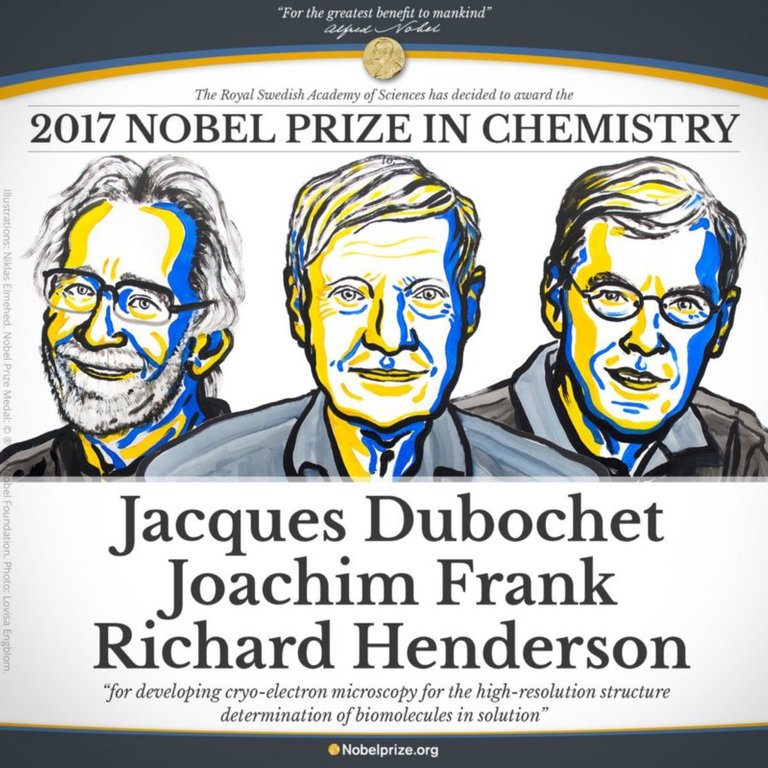 Kimyo bo’yicha 2017-yil Nobel mukofoti laureatlari: Jak Debyushe (Jacques Dubochet). Yoahim Frank (Joachim Frank) va Richard Henderson (Richard Henderson)