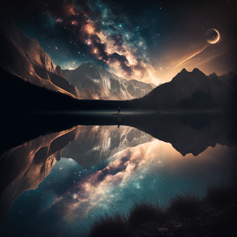 prompt: https://s.mj.run/2fevpB1IglM https://s.mj.run/dOBC7MO7-uA night sky heavenlike:: passageway leading to origin of the universe:: reflexion on lake:: verdoyant nature:: --q 2
