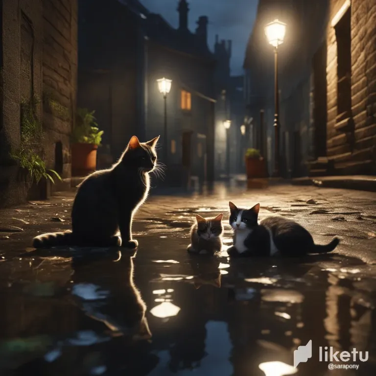 clnodjw2705zk9dsz1ng99428_photorealistic-night-time-group-of-cats-smoking-weed-in-a-dark-wet-cobbled-alleyway-a-large-puddl-798968228.webp