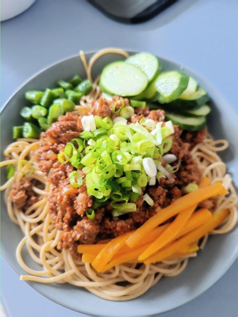 noodles dish with minced meat and korean chili paste