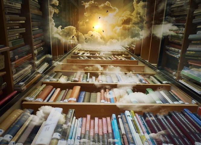 Library, Heaven, Birds, Mystical, Clouds