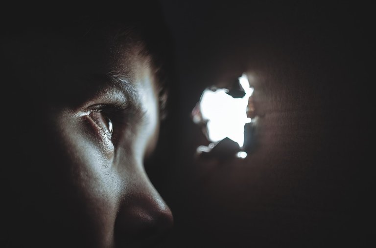 Hiding, Boy, Girl, Child, Young, Box, Hole, Torn, Eye