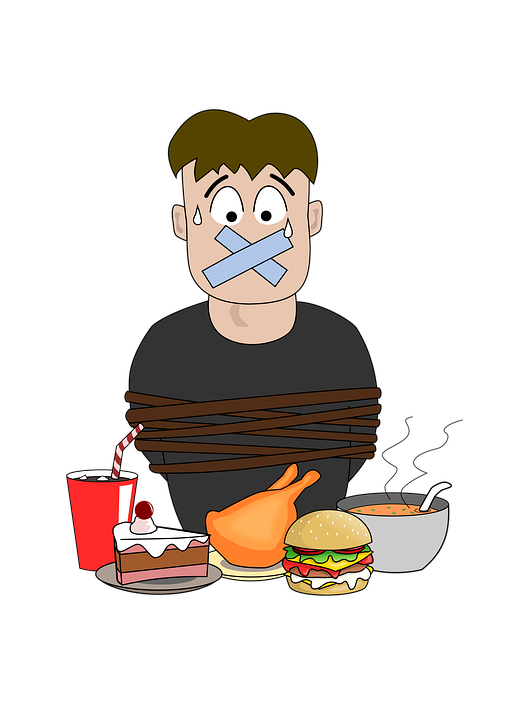 cartoon man with duct tape on his mouth and tied up sitting in front of unhealthful food